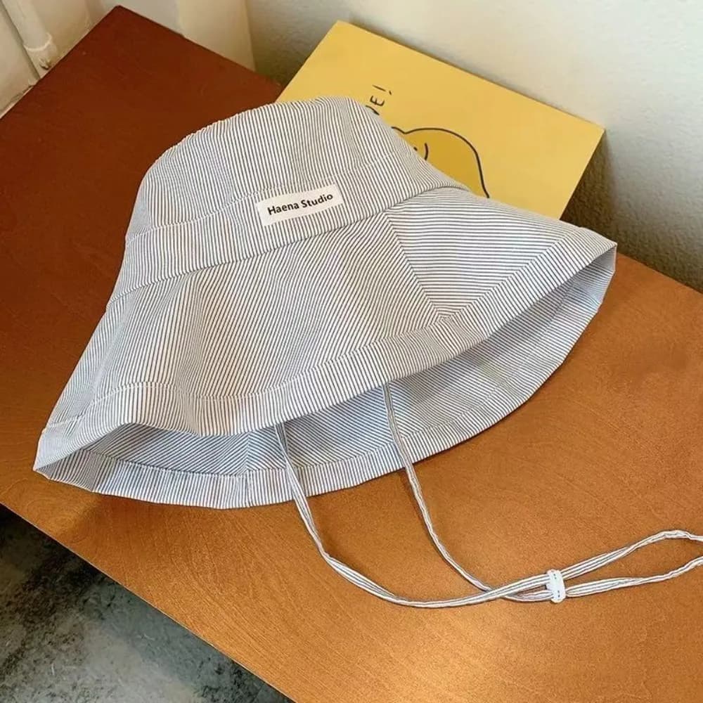 Y2K Wide Brim Fisherman Caps Candy Color With Rope Bucket Hats Striped Pattern Summer Cap Women