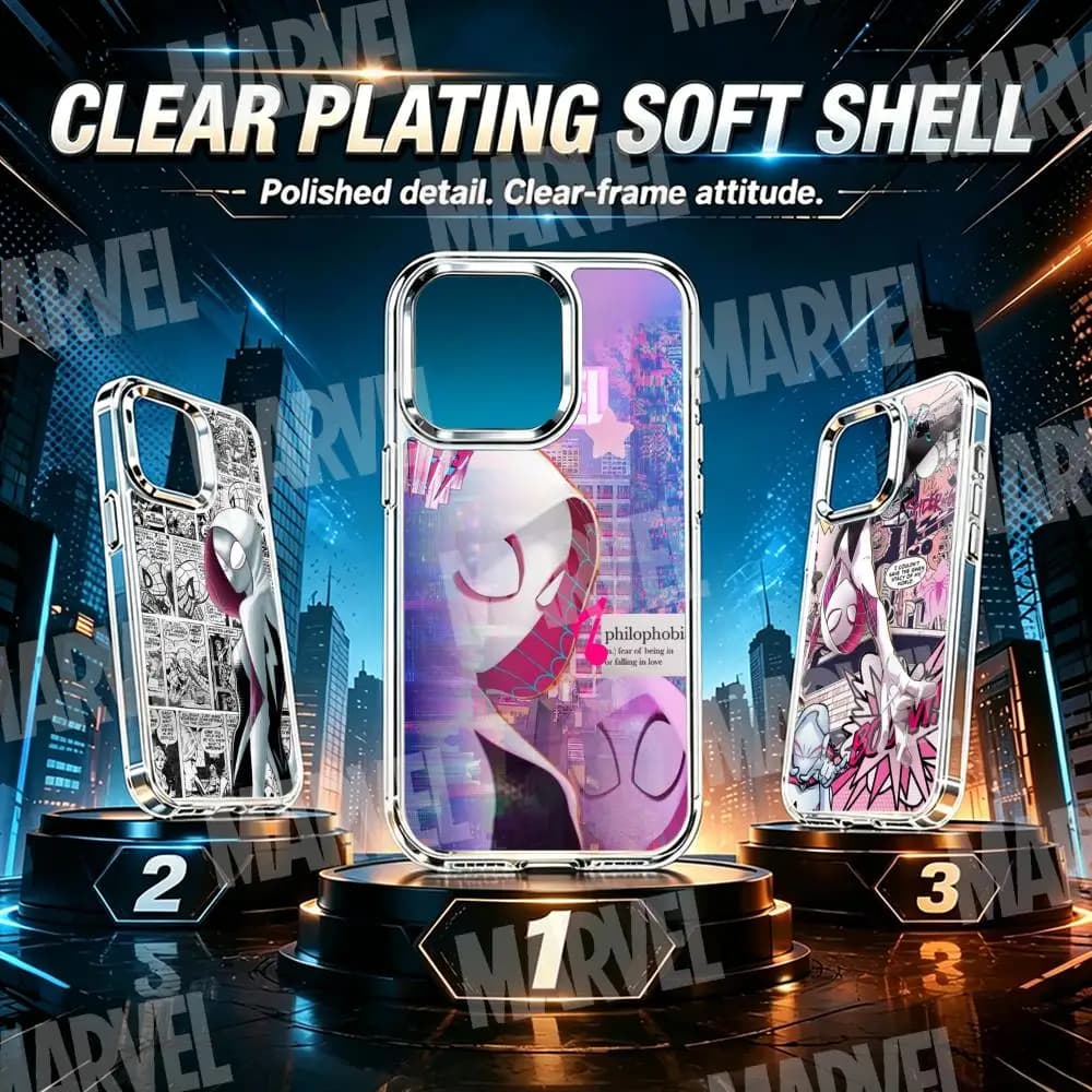 Cover per iPhone Spider-Man Gwen Stacy MARVEL con anello per fotocamera e pulsanti cromati trasparente per iPhone 17 Air 16 15 14 13 12 11 Pro Max Plus