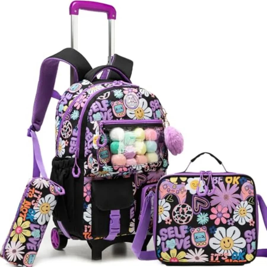 Zaini con ruote carini per ragazze, zaino estetico con ruote per la scuola elementare con borsa termica, zaino trolley scolastico