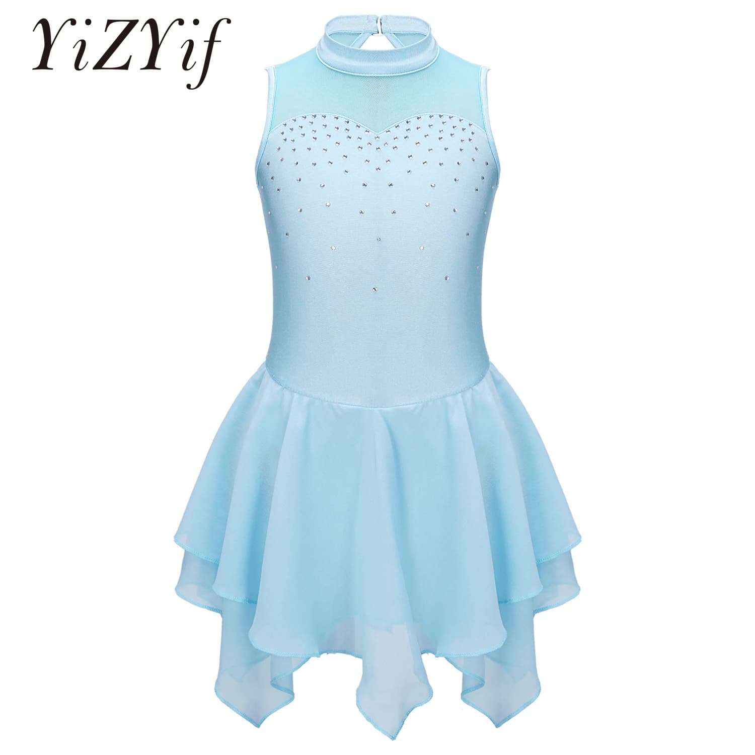 Vestito da pattinaggio di figura per ragazze, per bambini, ginnastica, balletto, body, senza maniche, con strass, vestito da ballo, costume da competizione