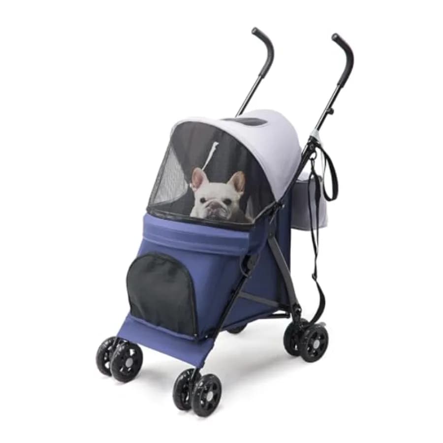 Passeggino pieghevole leggero da 4,5 kg per cani e gatti di piccola taglia, in poliestere blu-grigio con rete traspirante, tettuccio parasole regolabile