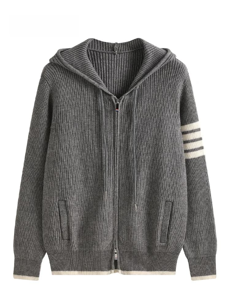 JZZDEMM Cardigan lavorato a maglia con cerniera doppia e cappuccio, da donna, eleganza semplice, pullover a maniche lunghe, giacca felpa