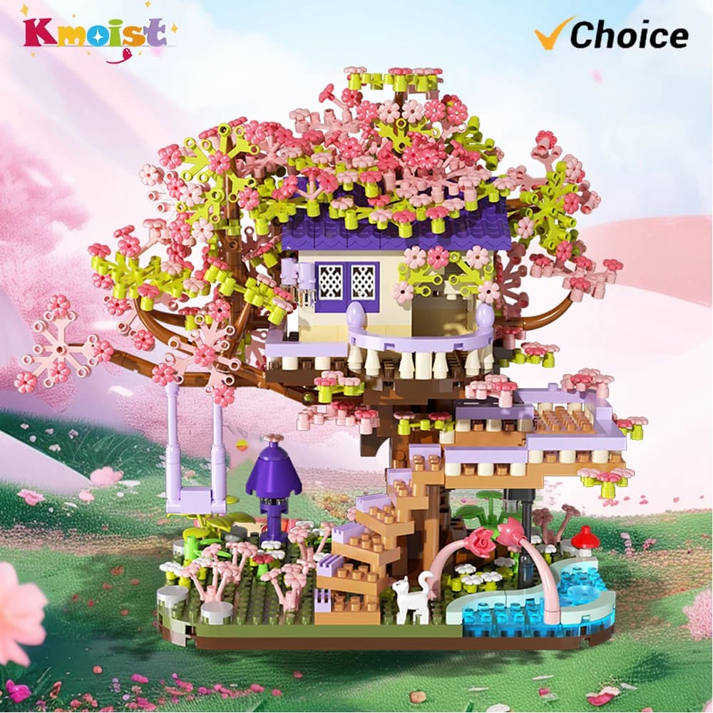 Set di Costruzioni Casa Fiori, Giocattoli a Micro-Particelle, Albero di Ciliegio, Casa in Legno, Mattoncini Floreali, Giocattoli per Bambini, Regalo
