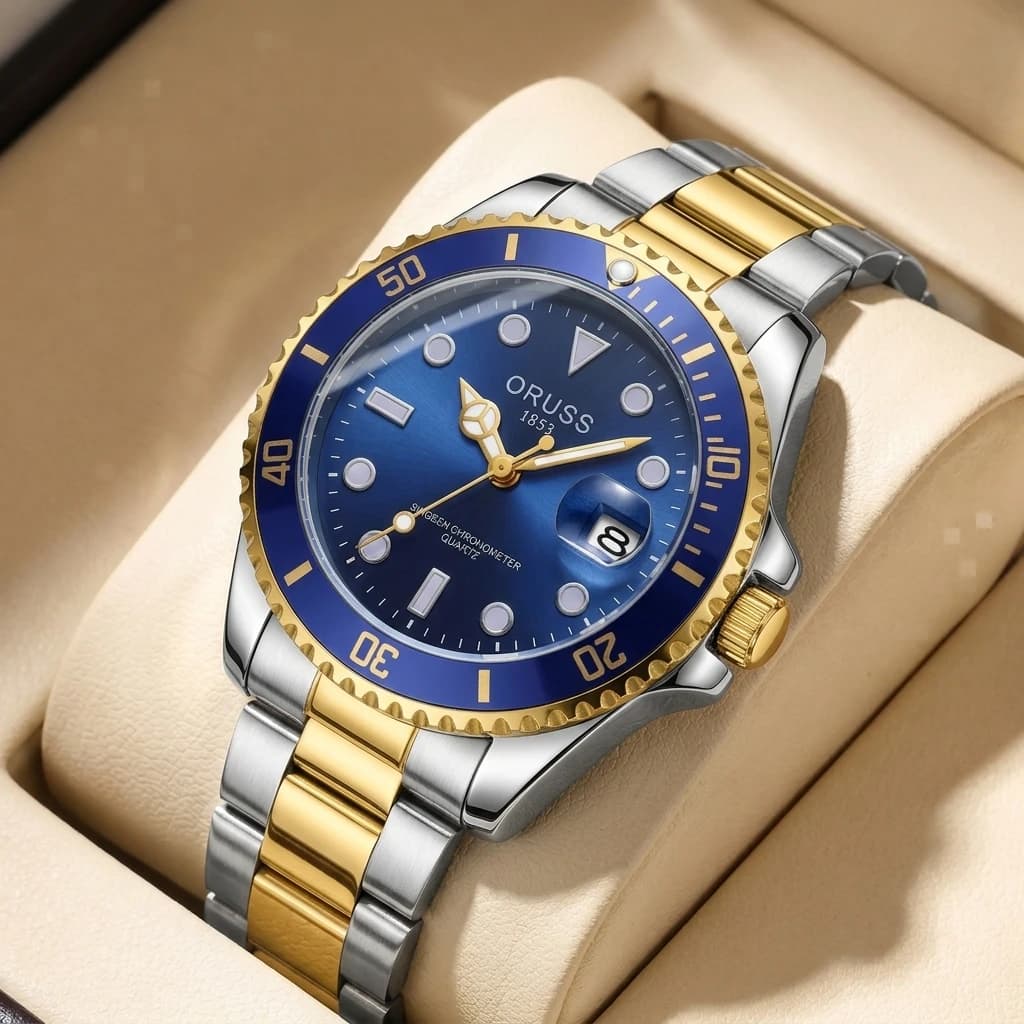 Orologio da uomo con cinturino in metallo bicolore, quadrante blu, display con calendario, alla moda, business casual, trendy, versatile