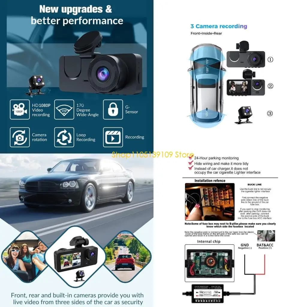 Telecamera DVR per auto DashCam 1080P anteriore, posteriore e interna a 3 obiettivi, con telecamera DVR con registrazione in loop con sensore G NightVision, regalo di Capodanno
