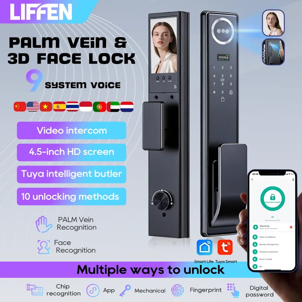 Serratura Digitale con Riconoscimento Facciale 3D, App Tuya, Sblocco con Impronta Digitale, Password e Telecamera, Serratura Elettronica Senza Chiave
