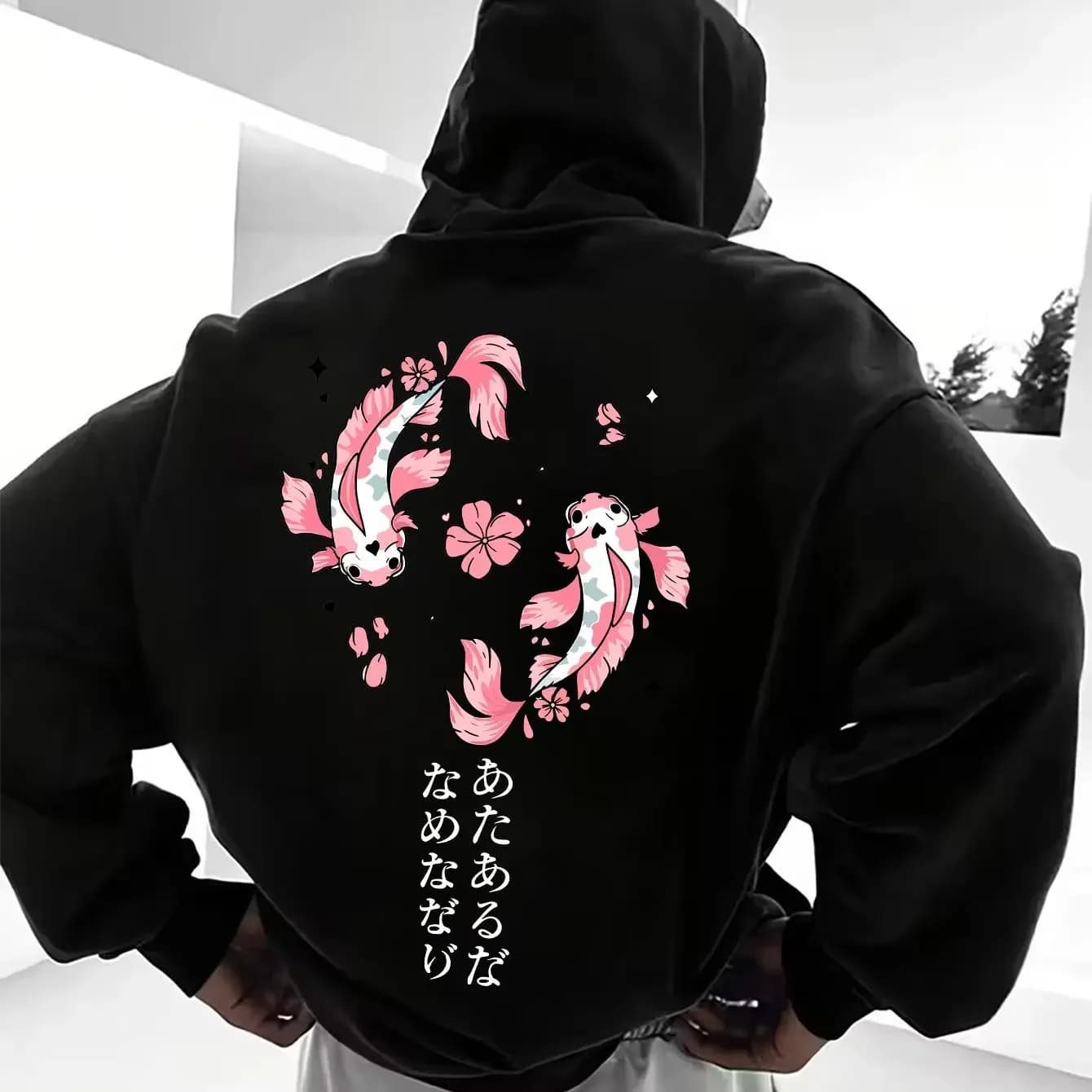 Men's Japanese Hoodie Pink Koi Fish Cherry Blossom Kanji Graphic Back Print Oversized Pullover Sweatshirt Oriental Streetwear