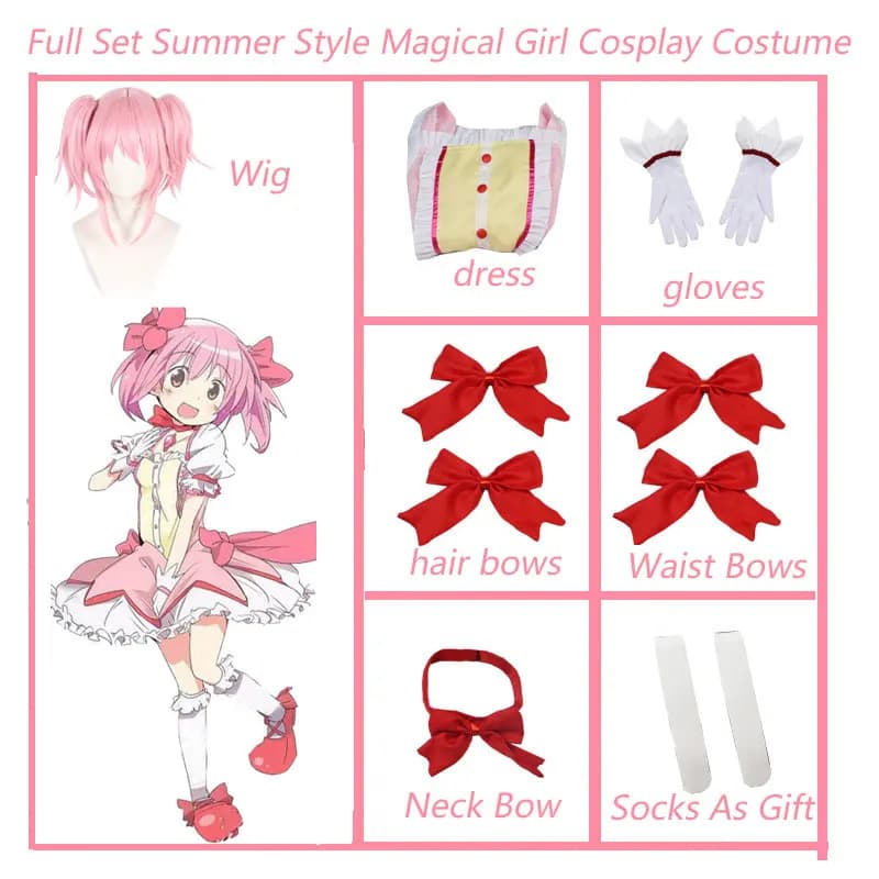 Set completo di costumi cosplay da ragazza magica, abito Lolita rosa con parrucca, guanti, fiocchi e calzini