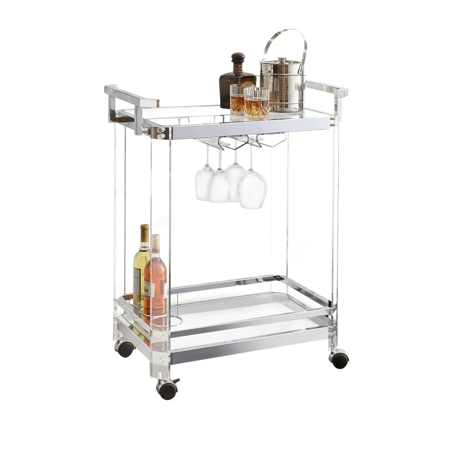 Carrello da Cucina Argentato con Ripiani in Vetro Temperato, Portabottiglie, 28x17x35 Pollici, Personalizzabile