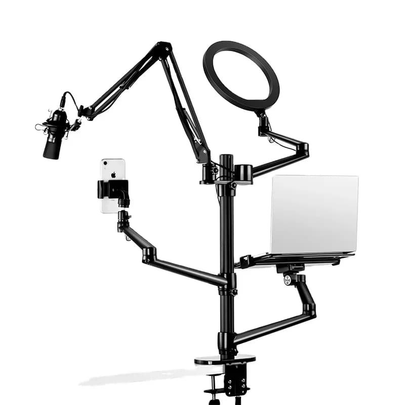 Supporto da tavolo 6 in 1 Live Stand 2025 con microfono e luce ad anello, applicabile a cellulare da 3,5-6,7"/laptop/12-17/monitor-32/7-13 Ta