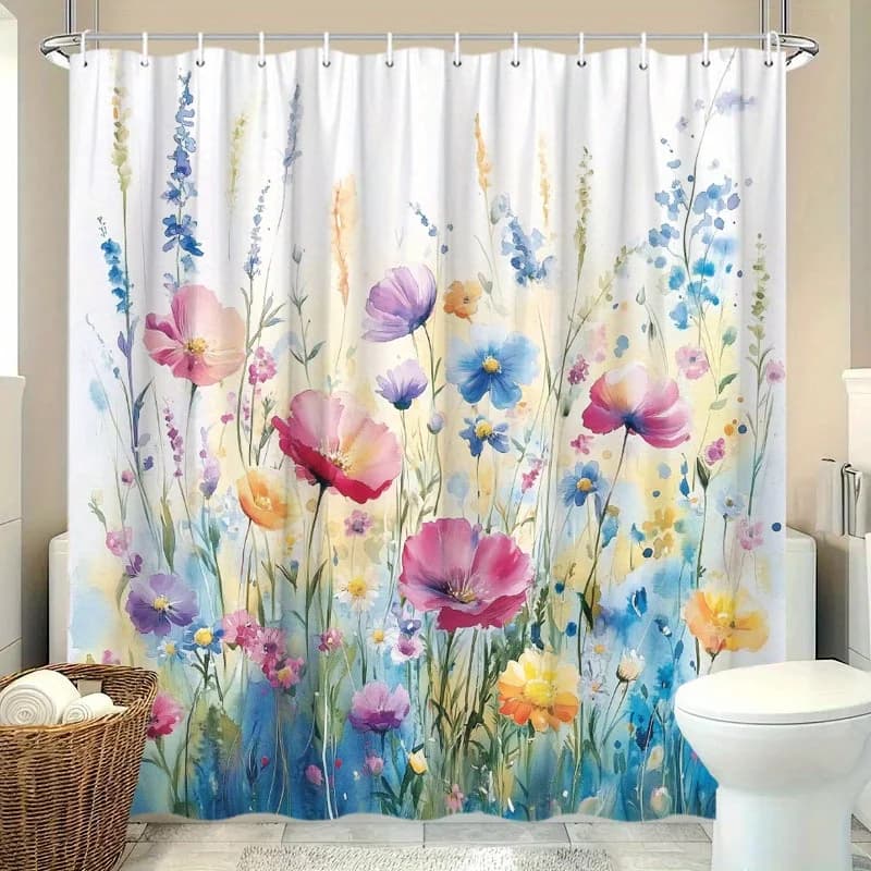 Tenda da doccia con fiori ad acquerello da 1 pezzo, fattoria botanica primaverile, moda moderna, elegante, adatta per la decorazione della stanza divisoria domestica