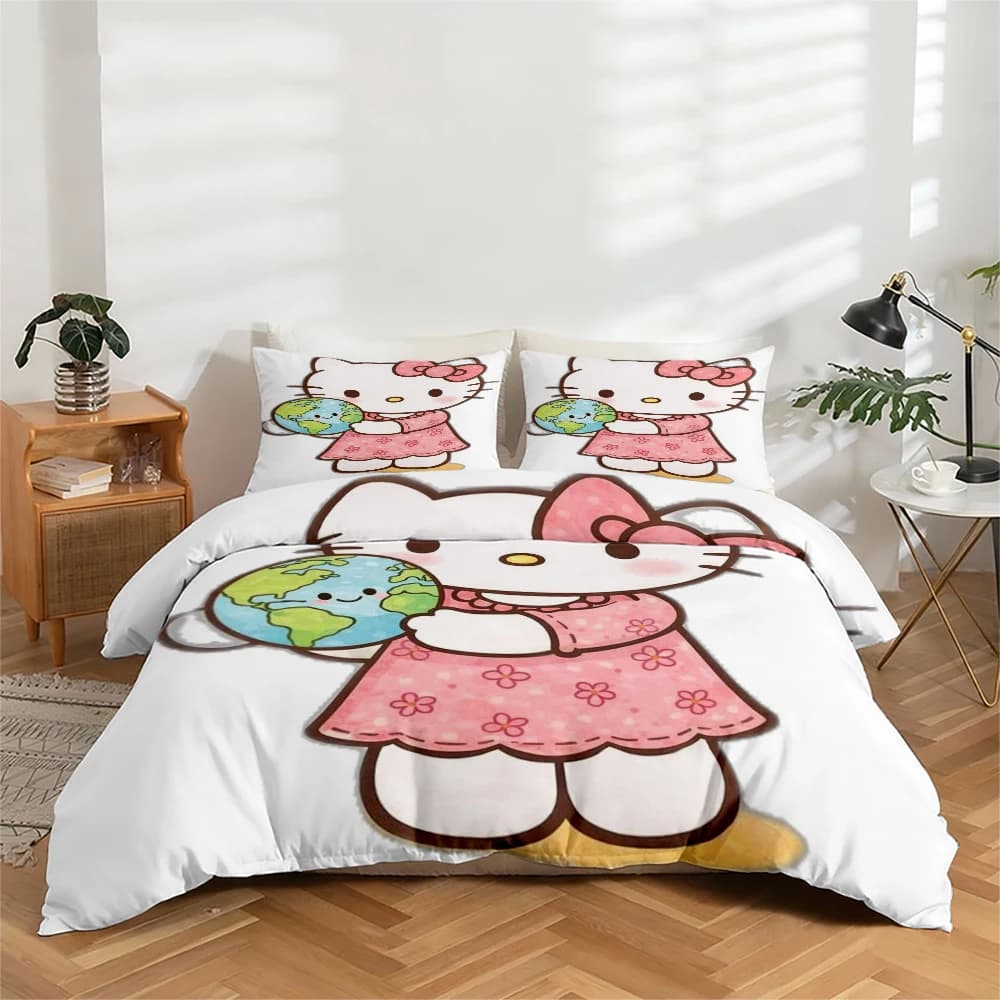 Set di biancheria da letto con stampa digitale ad alta definizione in 3 pezzi, set copripiumino Hello Kitty con motivo a stampa terrestre, set copripiumino floreale grande, include 1 copripiumino + 2 federe, adatto per camera da letto, camera degli ospiti, decorazioni per la casa, copripiumino + federa in fibra di poliestere, biancheria da letto ultra morbida, tessuto spesso, adatto a tutte le stagioni, lavabile in lavatrice
