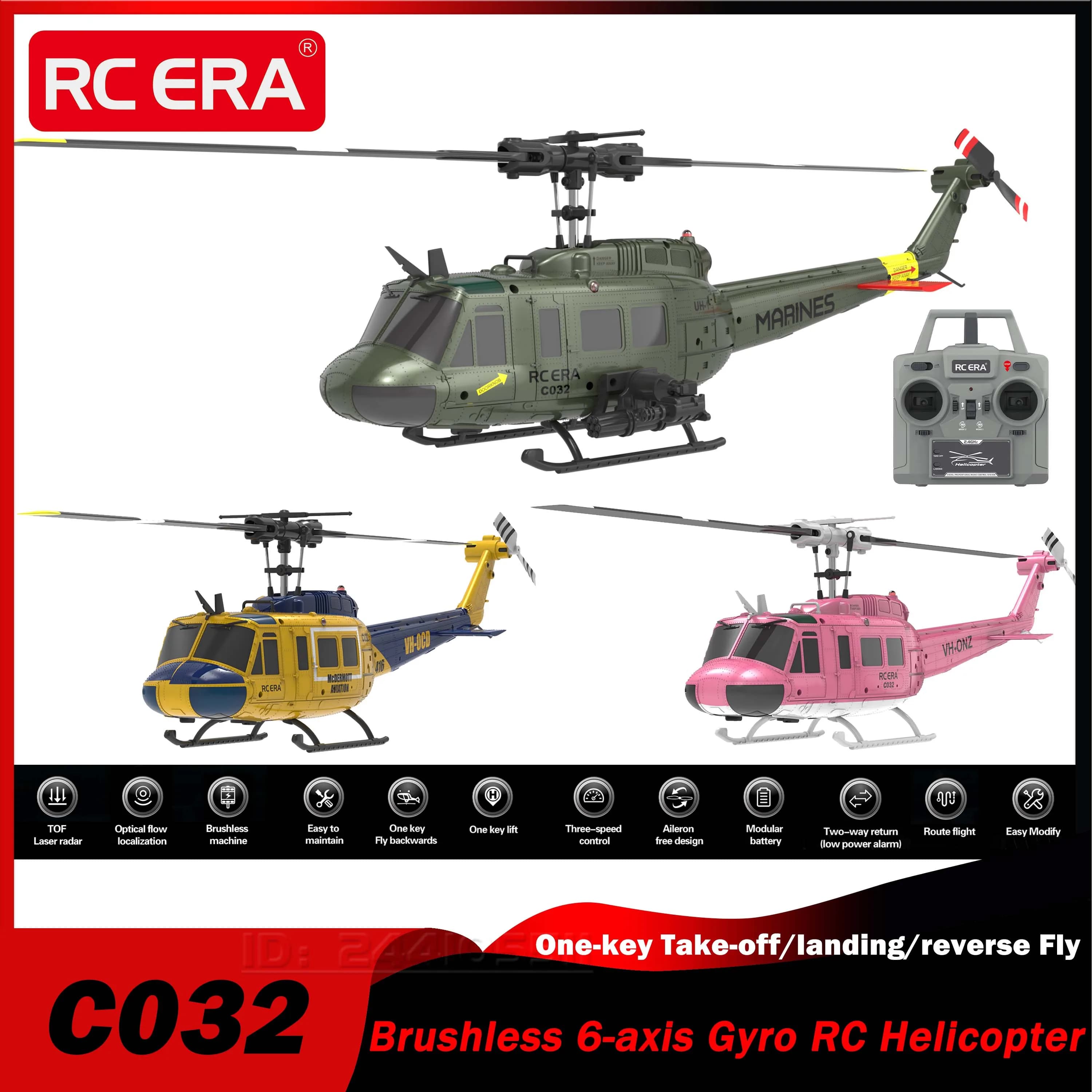 C032 UH-1 1/48 Brushless RTF 6CH RC Elicottero Giroscopio a 6 assi Decollo/landing/mode volo inverso 3D Batteria da 7,4 V