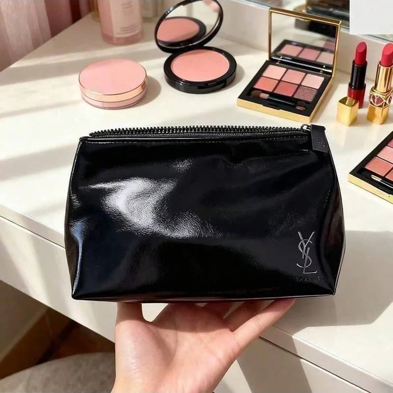 YSL Women's Black Rectangular Makeup Bag Handheld Travel Cosmetic Organizer Portable Daily Clutch Pouch