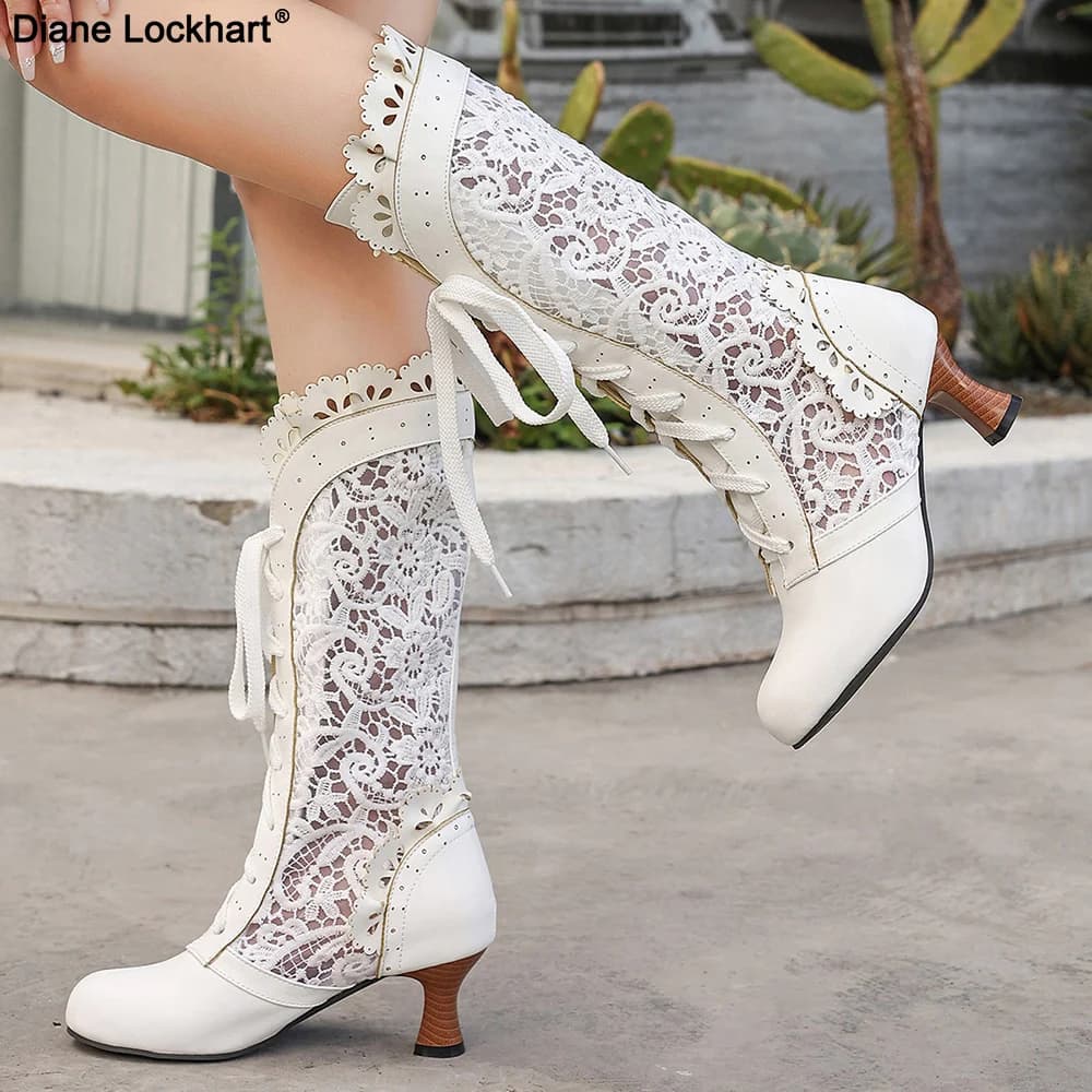 Vintage Men's Victorian Boots Mesh Hollow Lace Up Ruffle Trim Lolita Princess Cosplay Tea Party Costume Shoes