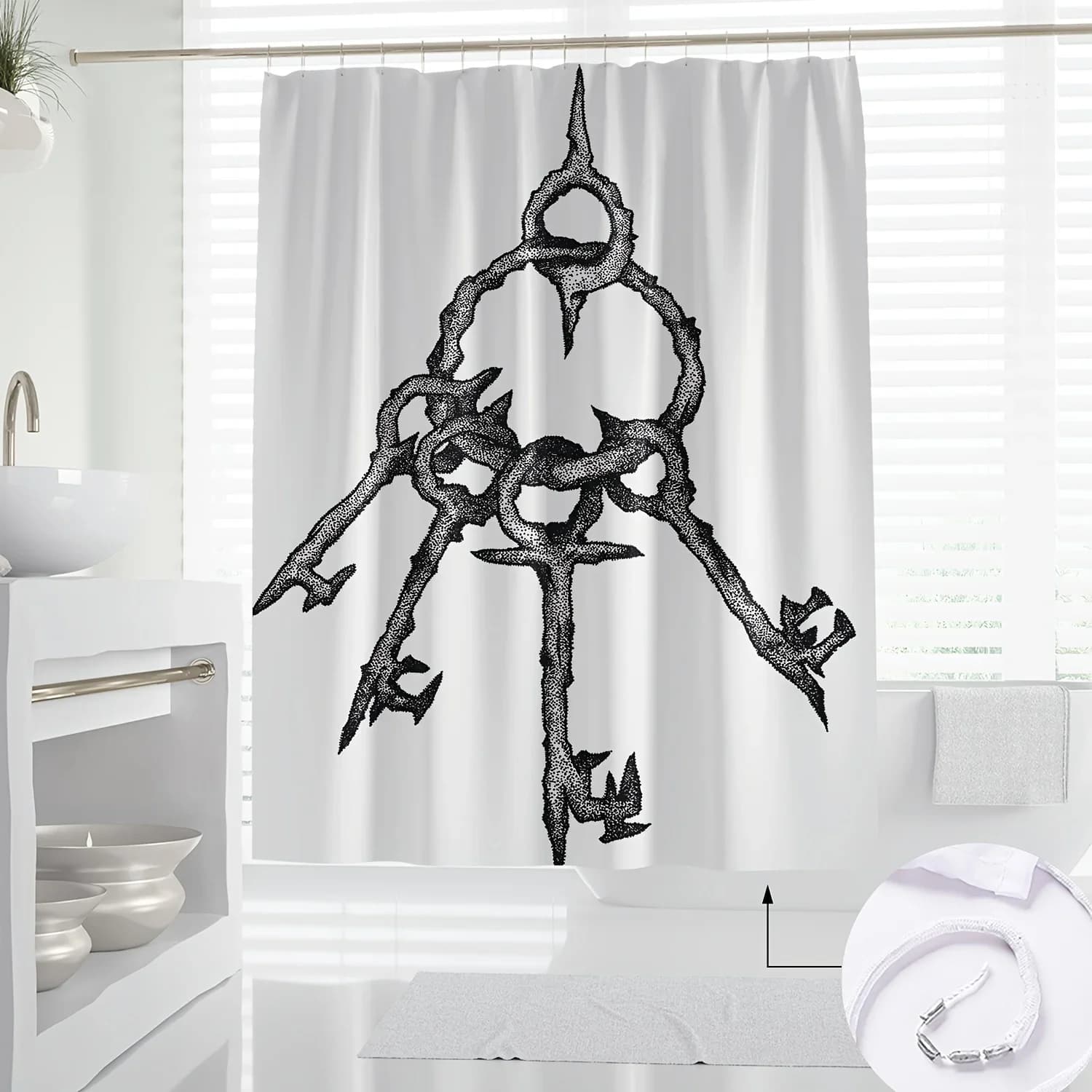Tenda da doccia dal design nordico astratto con chiave, stampa in bianco e nero, poliestere lavabile in lavatrice, arredamento da bagno per tutte le stagioni