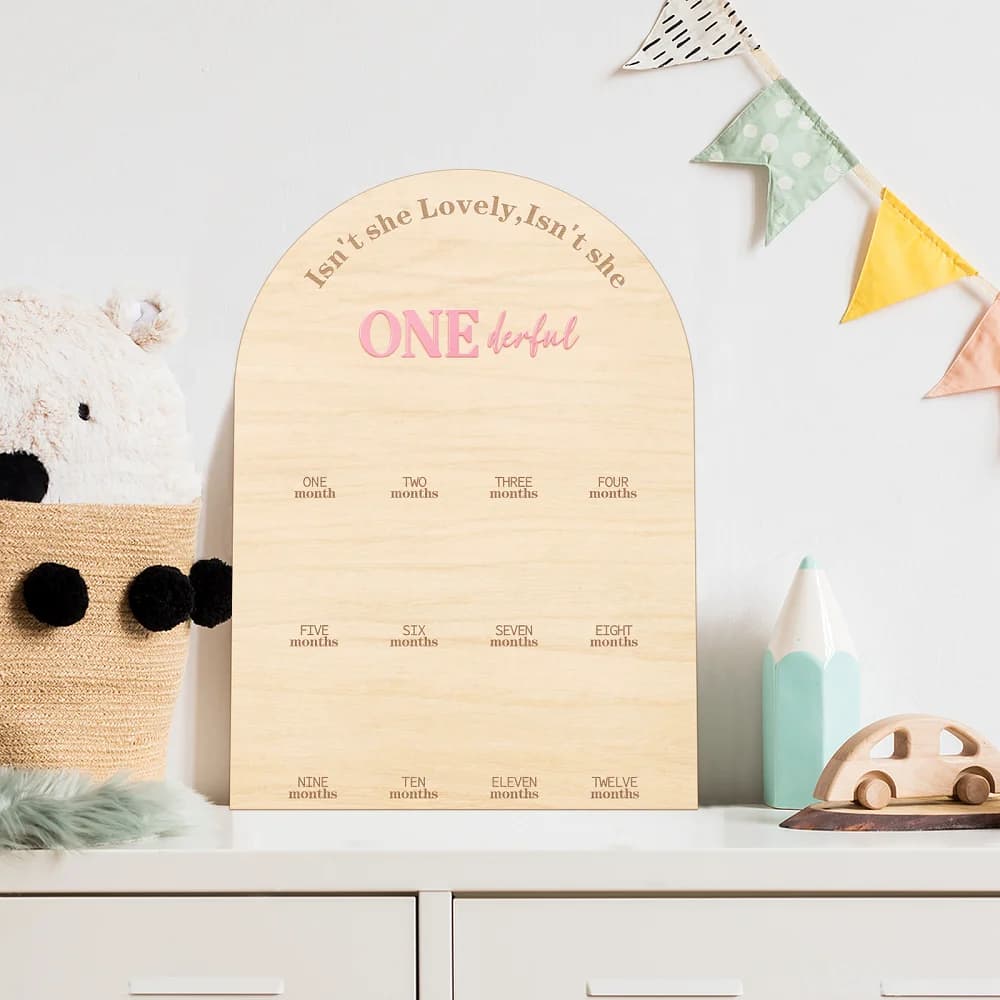 Pink Acrylic 'Onederful' First Birthday Photo Board - Wooden Milestone Display for Baby Girls, 12 Months Picture Frame