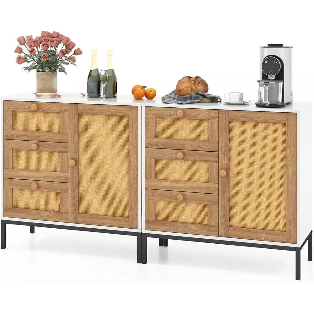 Mobile in Rattan con 3 Cassetti e 1 Anta, Gambe in Metallo, Ideale per Cucina, Soggiorno o Ingresso