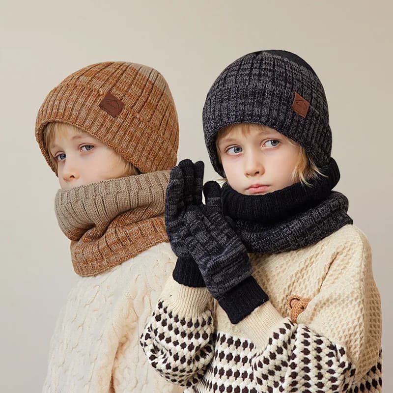 1 Set 4-10Y Kids Newborn Winter Gloves Knit Hat Scarf 3 Pieces Dress Outdoor Windproof Hot Fleece Kids Ring Beanie Hat for Boys