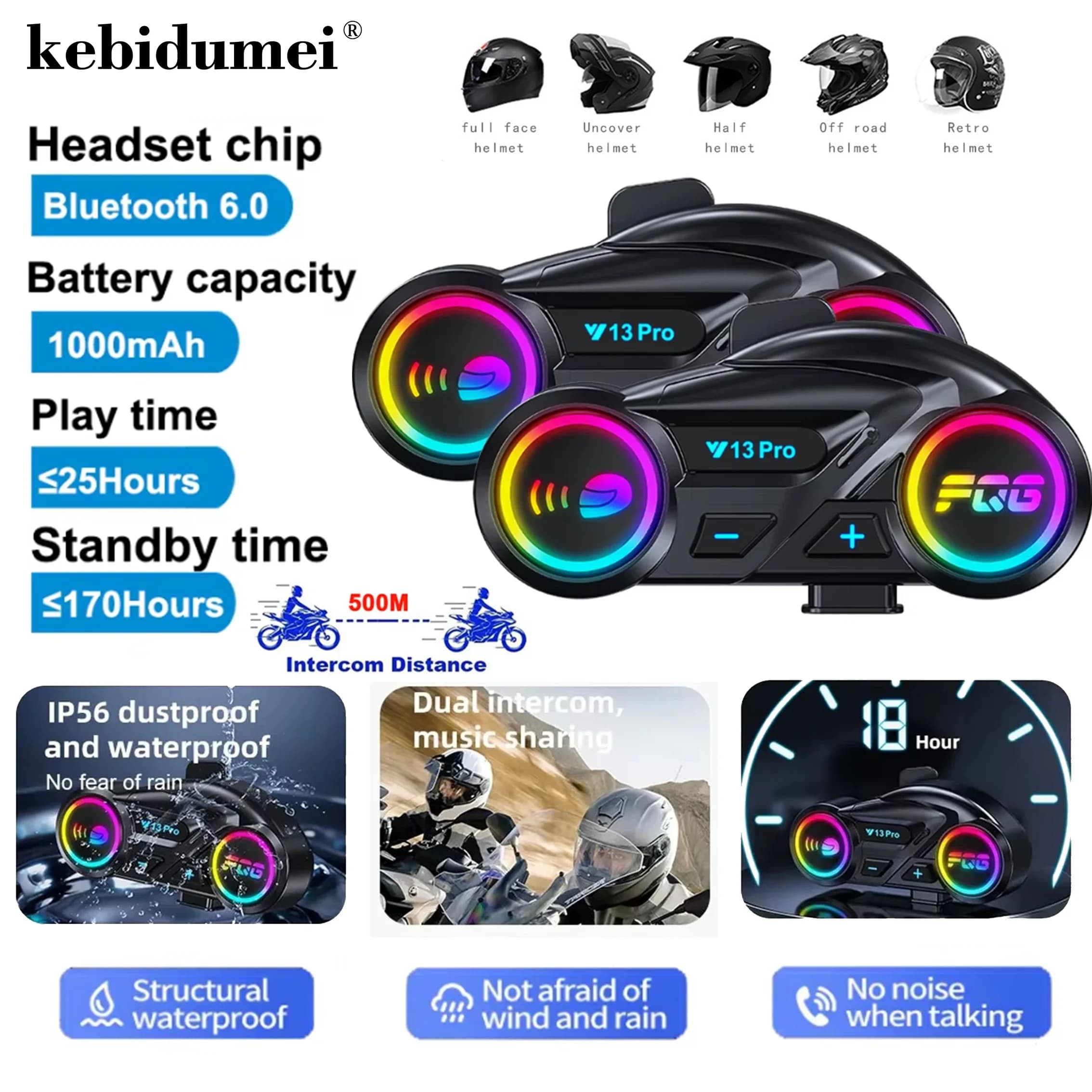 Y13 Pro Casco Interfono Auricolare 500M Doppio Bluetooth 6.0 RGB Effetto di illuminazione Supporta il collegamento al walkie-talkie di terze parti