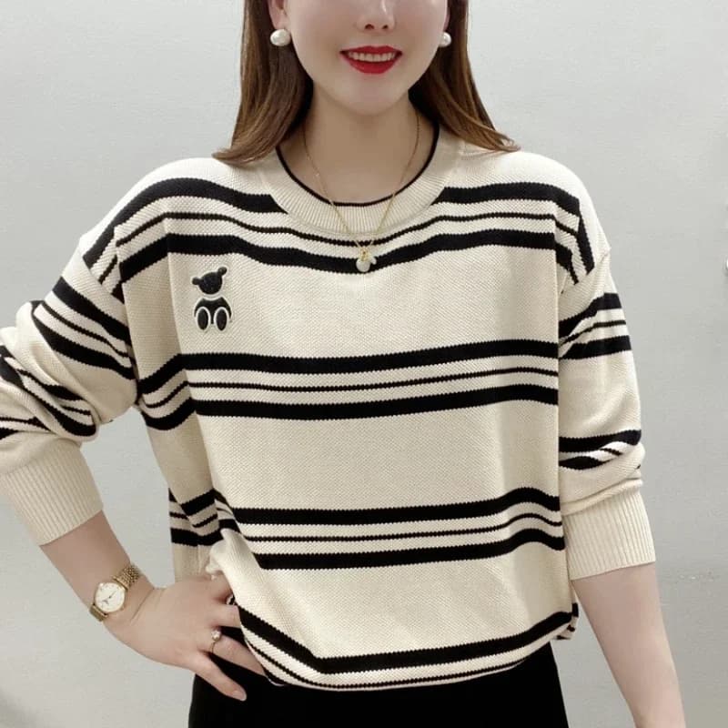 Temperament Sping Autumn New Sweaters Women O-Neck Striped Contrast Color Fashion Casual Slim Long Sleeve Pullovers Knitted Tops