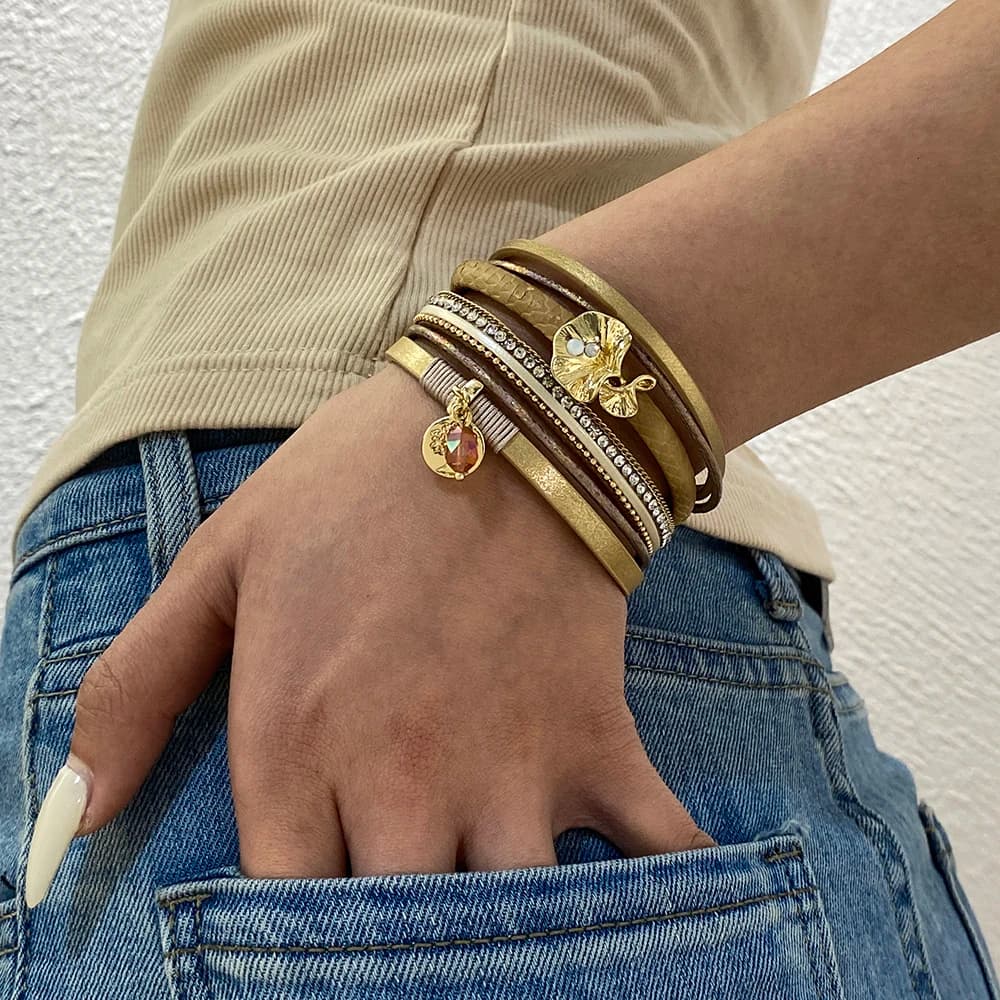 Amorcome Bohemian Rhinestone Inlaid Leather Bangle For Women Multilayer Winding Magnetic Buckle Bracelet Holiday Jewelry Gift