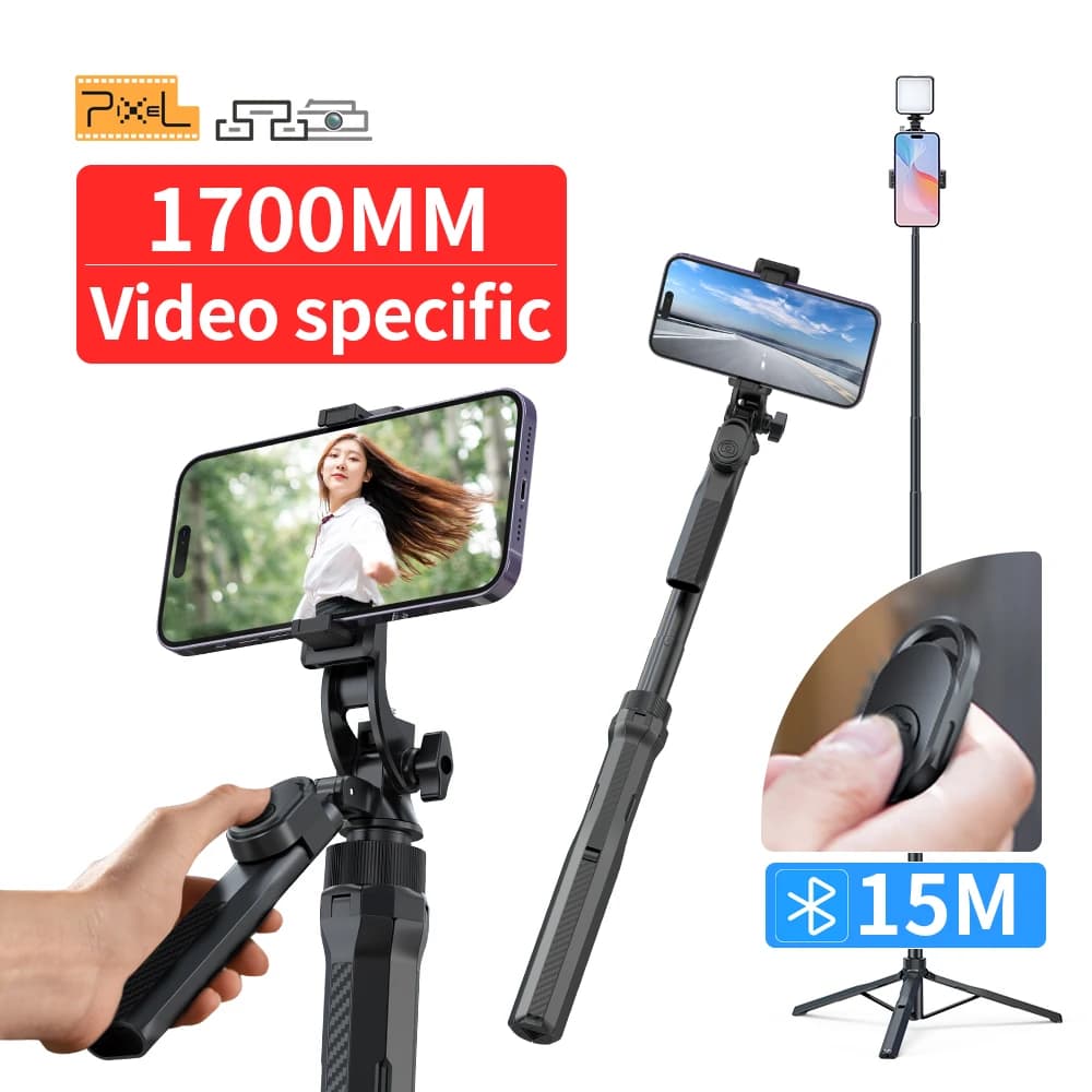 Pixel 170cm Wireless Selfie Stick treppiede supporto pieghevole per iPhone con stabilizzatore della testa portatile con telecomando Bluetooth