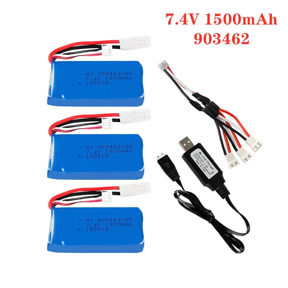 Batteria Lipo 7.4V 1500mAh con Set di caricabatterie USB 3 in1 per FT009 RC Boat 12428 144001 batteria Lipo 903462 2S EL-2P spina