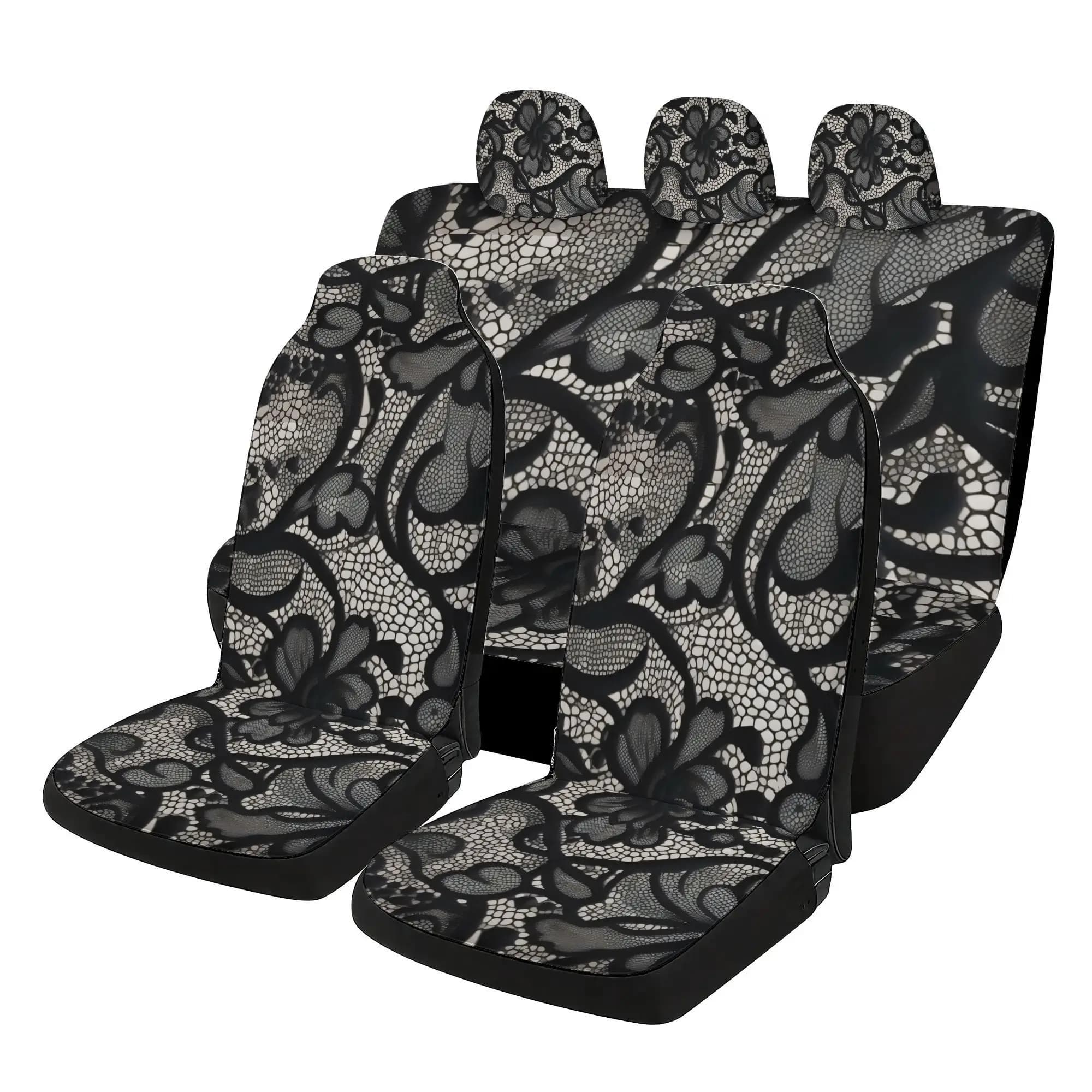 2D Plane 7pcs Set Black Lace Floral Car Covers Set - Including 2 Front Covers + 1 Rear Back Cover + 1Rear Co