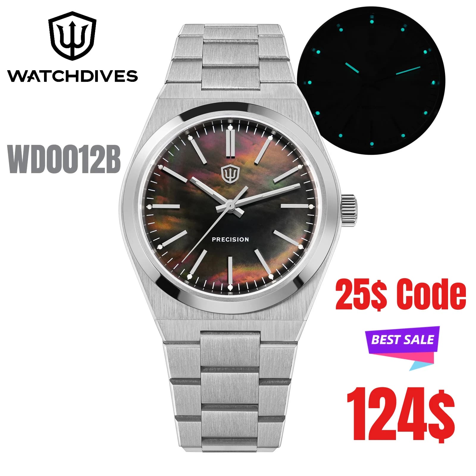 Watchdives WD0012B Orologio al Quarzo Sottile da 37mm VH31 con Lancetta dei Secondi a Movimento Continuo, Bracciale Integrato, Vetro Zaffiro, Lume BGW9, Impermeabile 100M