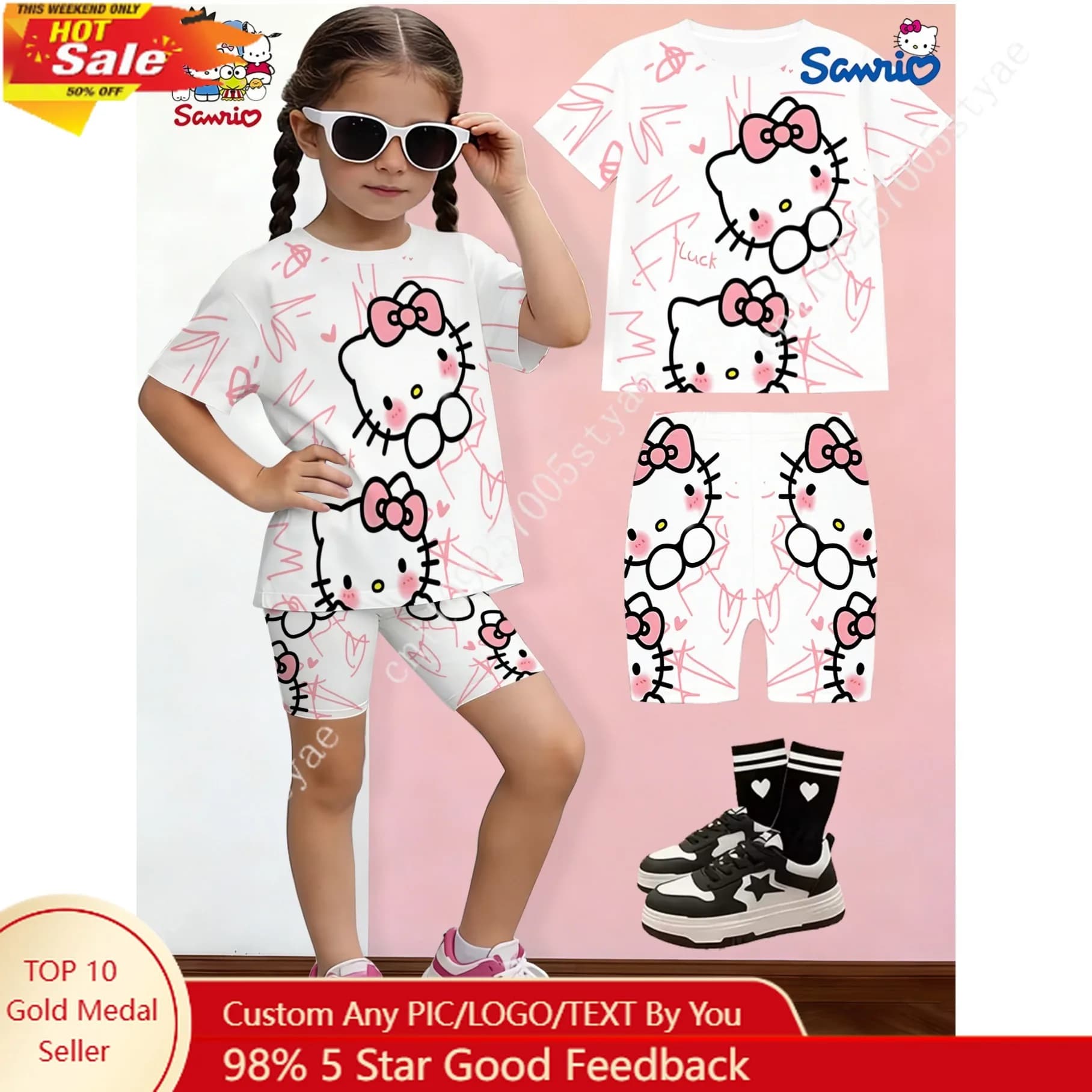 Set di t-shirt e pantaloncini da ragazza alla moda Sanrio Hello Kitty Kuromi con maniche corte stampate in 3D e un design elegante