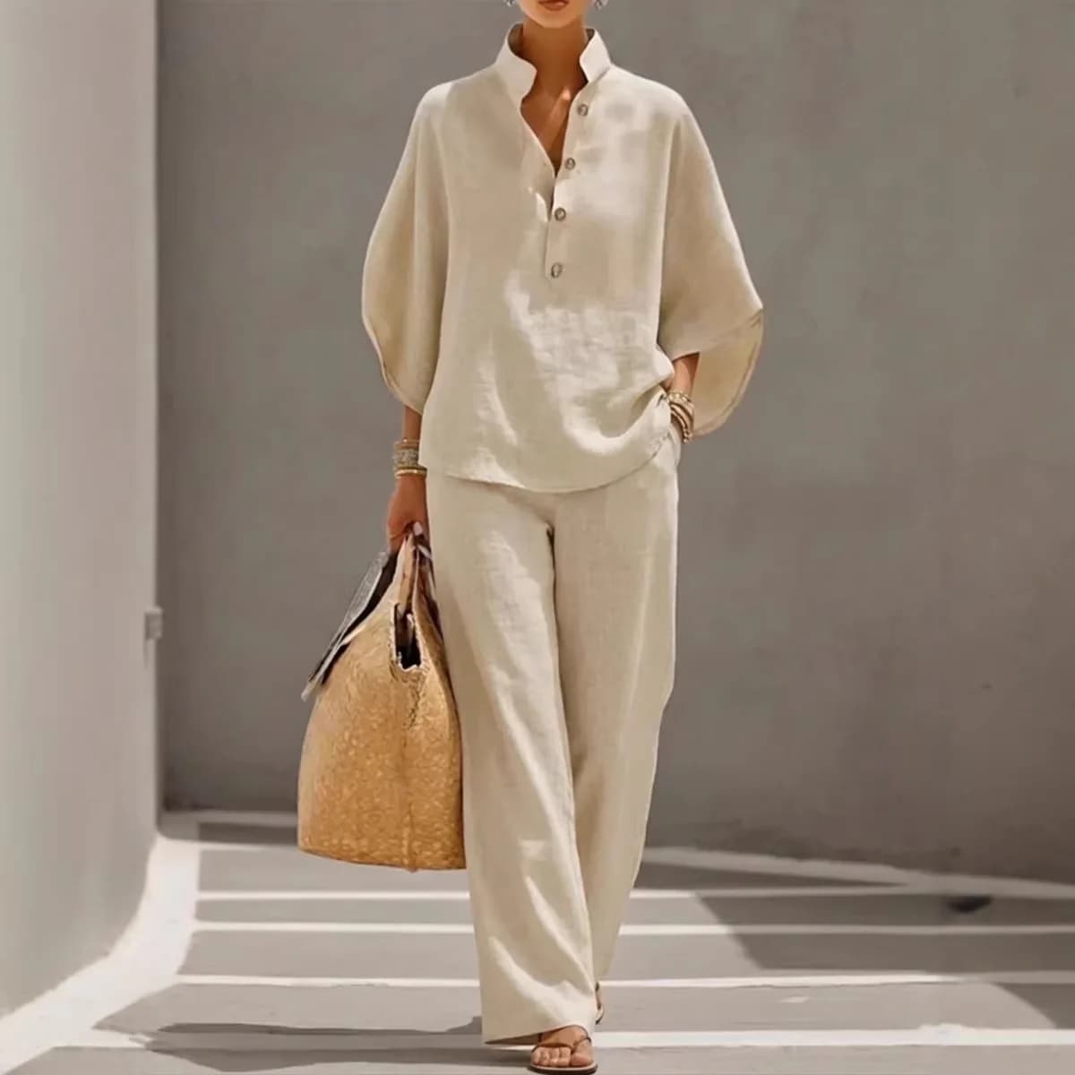 Fashion Cotton Linen Pant Set Women's Casual Stand Collar Button Top Wide Leg Trousers 2-piece Set Retro Female Office Suit