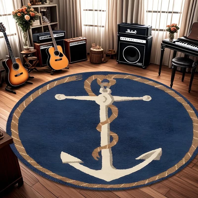Nautical Anchor Round Rug Rope Border Coastal Modern Home Decor Circle Carpet Soft Non-Slip Floor Mat for Living Room Bedroom