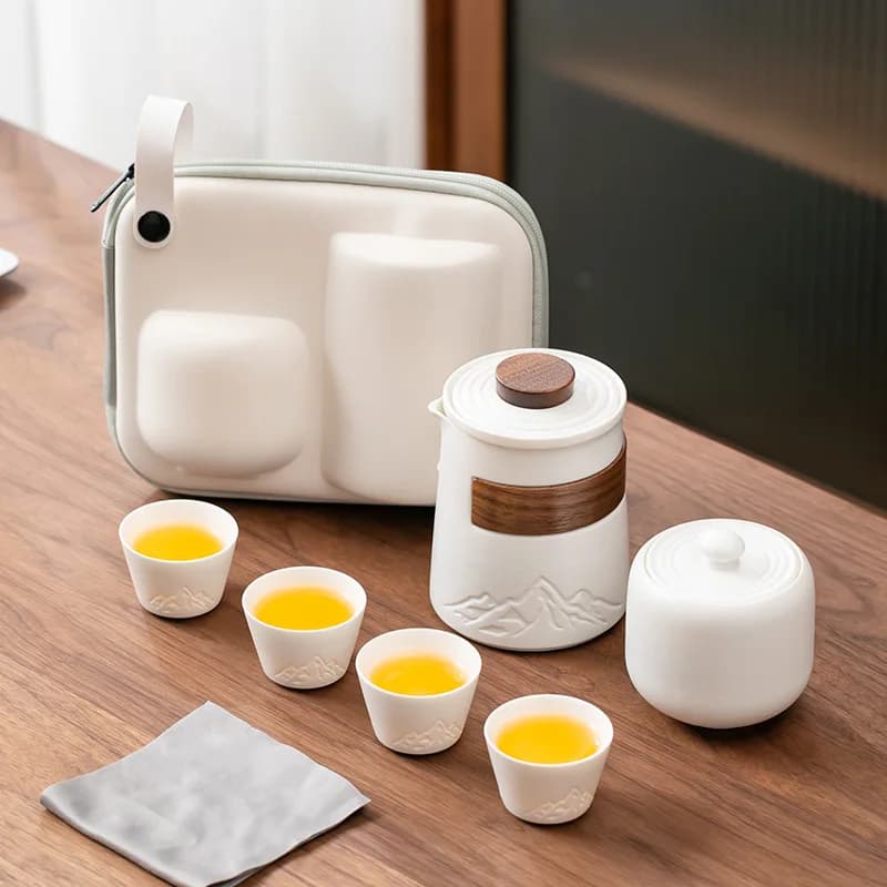 Set da tè da viaggio portatile in ceramica 1 pentola 4 tazze Campeggio all'aperto Bevanda per persona singola Ricordo aziendale
