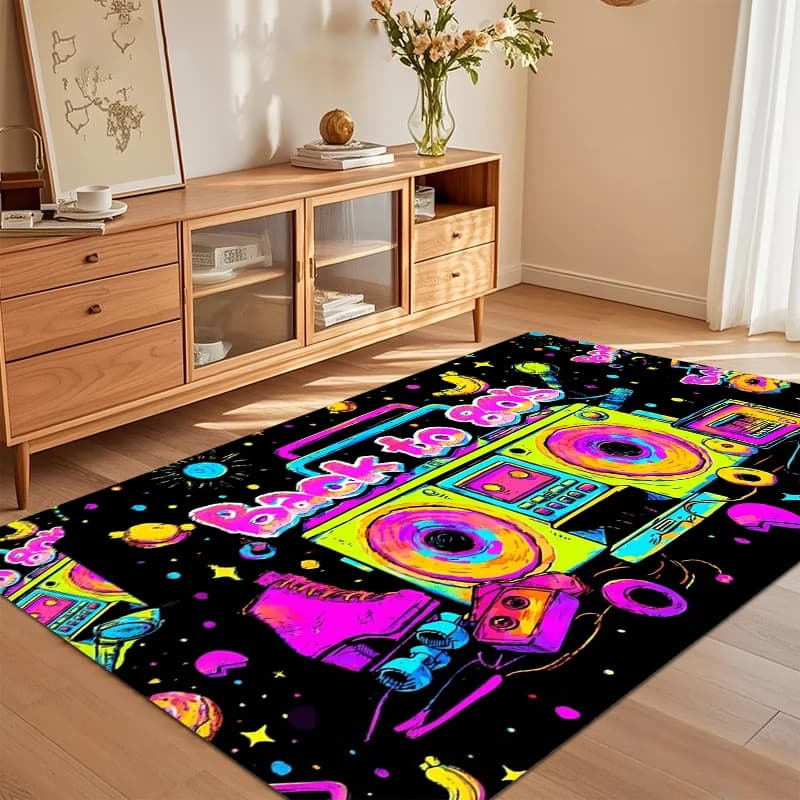 Vibrant 80s Retro Boombox Print Area Rug, Soft Non-Slip Floor Mat for Game Room Living Room Bedroom Home Decor