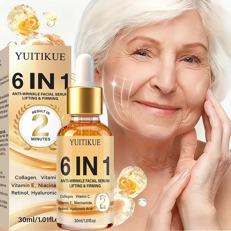 Siero viso antirughe lifting e rassodante 6 in 1, collagene, vitamine C ed E, niacinamide, retinolo, acido ialuronico