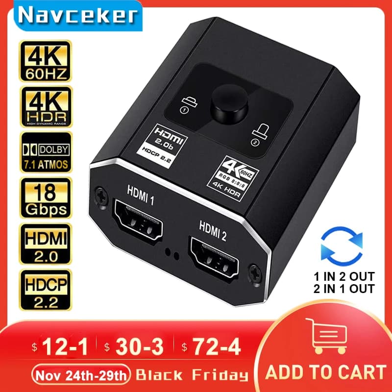Miglior Switch HDMI 4K Bidirezionale 2.0 2026 - Adattatore HDMI 1x2/2x1 Convertitore 2 in 1 per PS4 PS5 TV Box Splitter HDMI