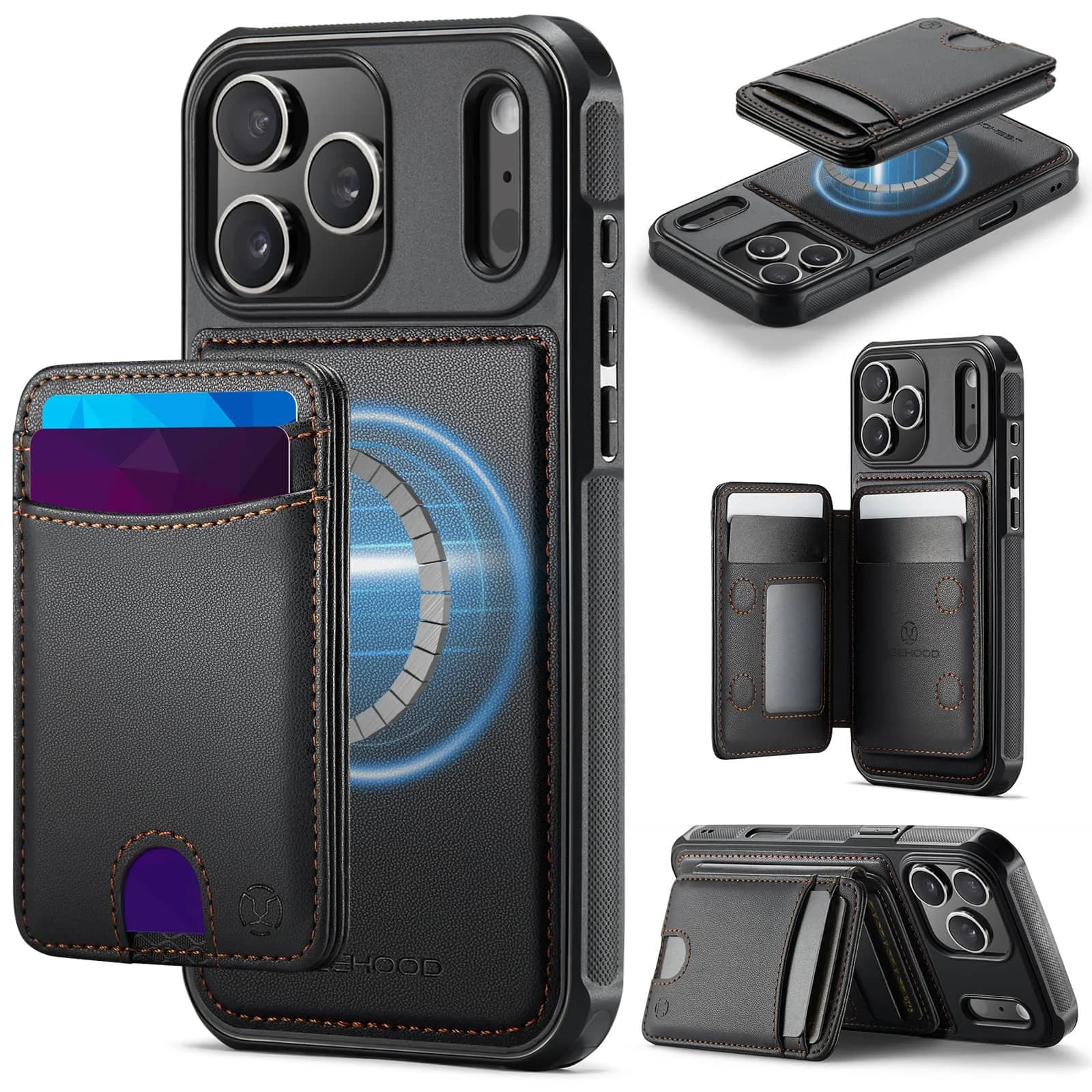 Per iPhone 17/16 Pro Max Custodia a portafoglio con magnetico, porta carte magnetico con blocco RFID 2 in 1 cavalletto staccabile antiurto