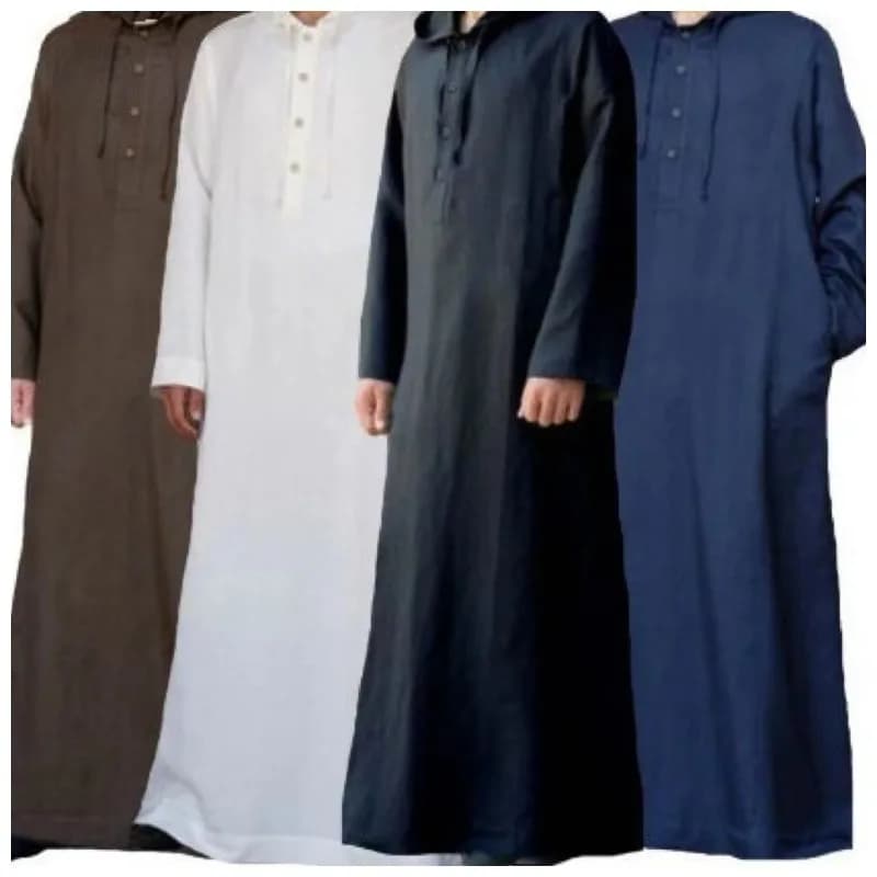 2025 New Arab Style Long Sleeve Hooded Shirt Mens Muslim Robe Pure Color