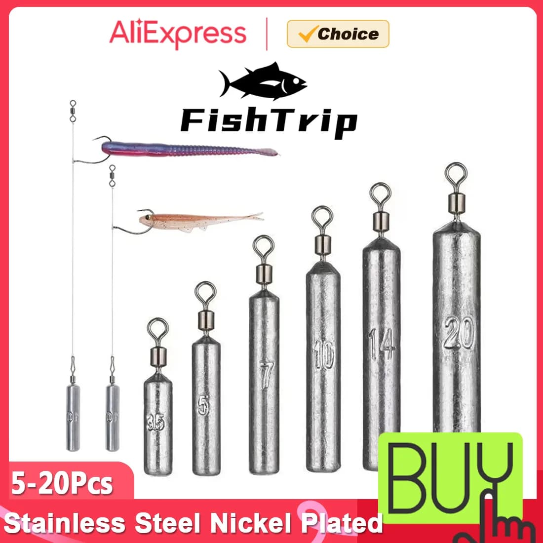 FishTrip Pesi da pesca 5 ~ 20PCS Tubo Proiettile Pollice Ciondolo per Rig gratuito Jika Rig Pesca Piombo Attrezzatura da pesca Accessori