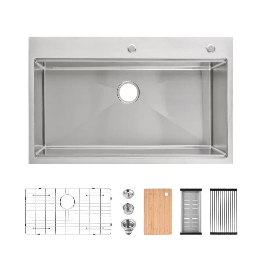 Stainless Steel Kitchen Sink, 36″x22″ Single Bowl, Overmount Handmade Sink in Brushed, with Cutting Board, Colander, Grid[Unabl