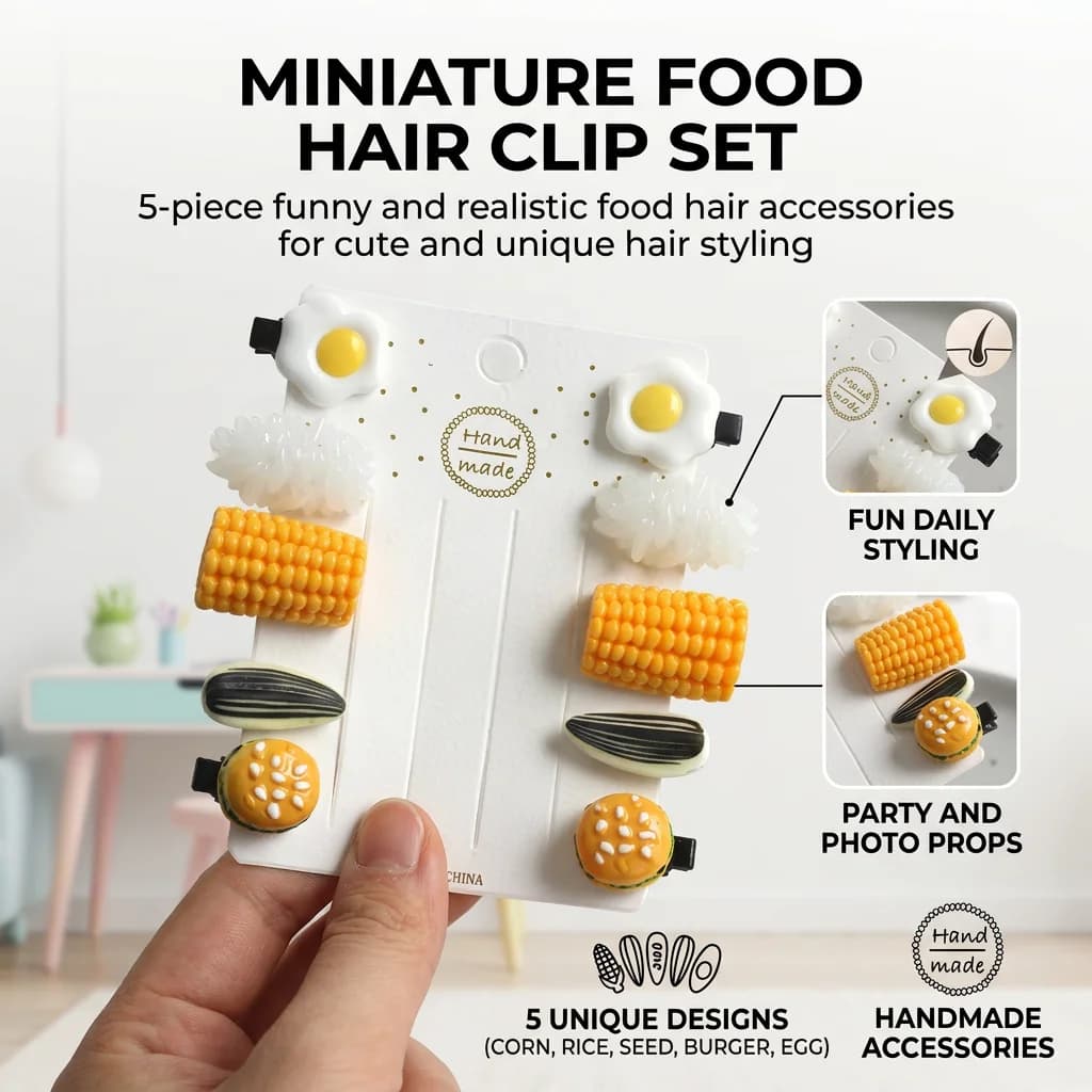 Set di mini fermagli per capelli a forma di cibo, design realistico di riso, uova, mais e snack, accessori divertenti per feste di compleanno per bambini.