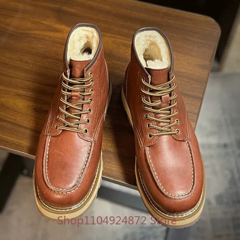 British Hiking Motorcycle Snow Boots Men's Genuine Leather Thick Soled Work Winter Thick Wool Warm High Top Shoes Male Boots