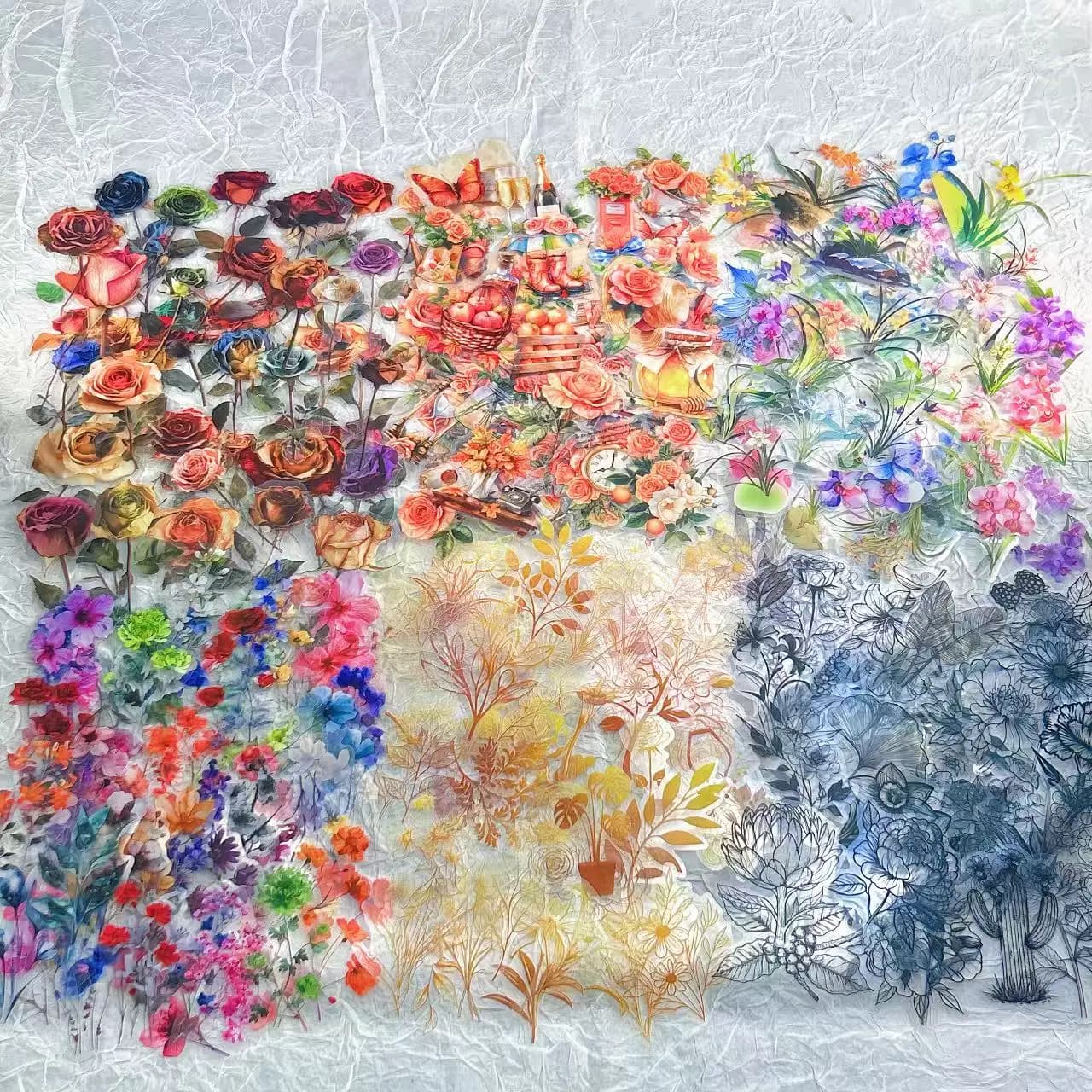 50/200 adesivi impermeabili con fiori e piante, decorazioni per tazze, custodie per telefoni, chitarre, scrapbooking; giocattoli fai da te per bambini