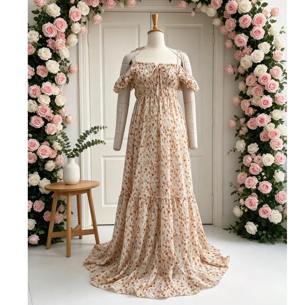 Abito Premaman in Chiffon con Ricami Stampati, Vestito Premaman con Spalle Scoperte e Bretelle per Servizio Fotografico, Abito Premaman per Baby Shower