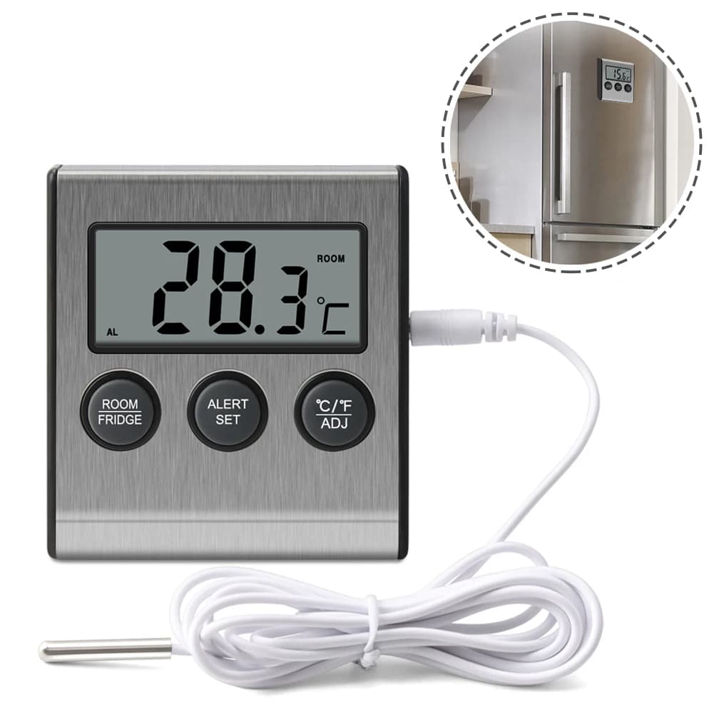 Termometro pratico per frigorifero, termometro digitale LCD con allarme e registrazione dati, in acciaio inossidabile, 2,8 x 2,6 x 0,7 pollici, in ABS