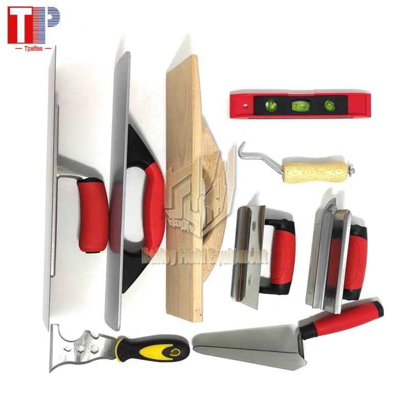 Set of hand tools for 10 pieces masonry, including sanding cazzuola, graduated cazzuola, mortar mill, edge cutter, bubble level