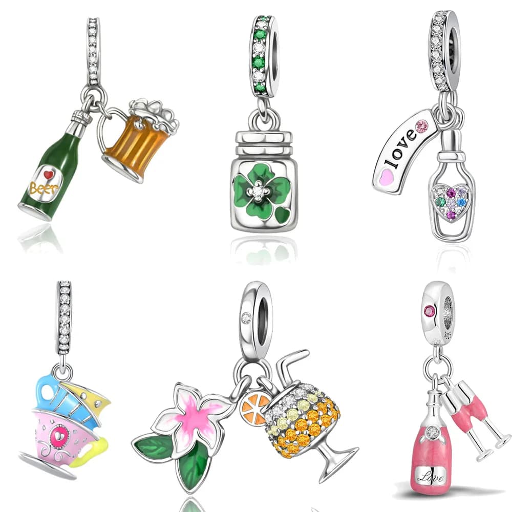 Ciondolo smaltato a forma di bottiglia di birra e boccale, placcato argento, compatibile con braccialetti con perline, regalo per feste.