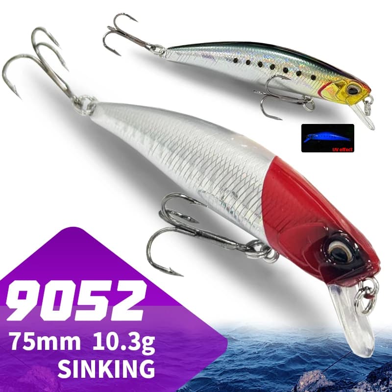 Esche artificiali affondanti Minnow da 75mm 10g UV per la pesca, esche dure per lanci lunghi, Jerkbait Pesca per Spigola e Trota di Mare, Forniture per la pesca