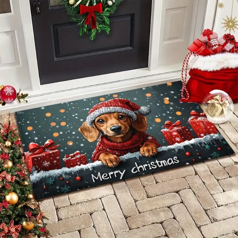 VIKAMA Christmas Dachshund Dog Rug Non‑Slip Washable Floor Mat Merry Christmas Gift Print Holiday Decor Carpet for Entryway Home